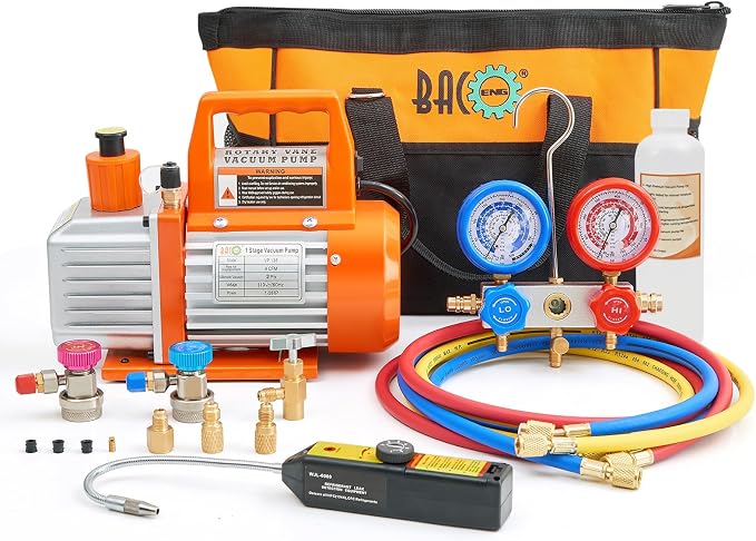 BACOENG 4CFM 1/3HP Single Stage HVAC Vacuum Pump and AC Manifold Gauge Set with Leak Detector for R134a R12 R22 A/C Air Conditioning Refrigeration