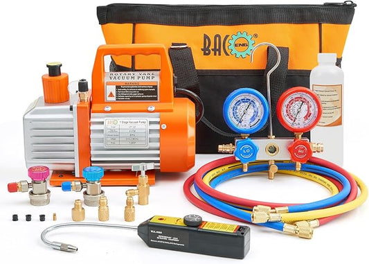 BACOENG 4CFM 1/3HP Single Stage HVAC Vacuum Pump and AC Manifold Gauge Set with Leak Detector for R134a R12 R22 A/C Air Conditioning Refrigeration