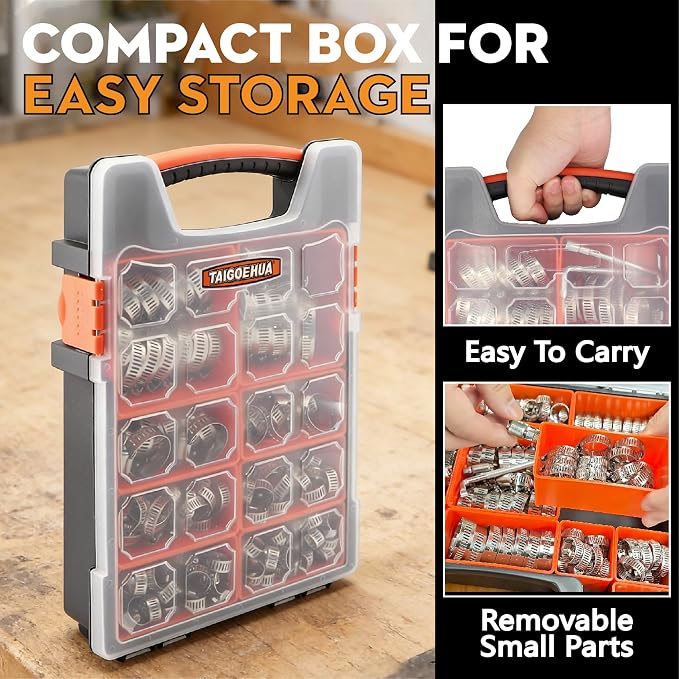 175PCS Stainless Steel Hose Clamps Assortment Kit, 304 Worm Gear Heavy Duty 1/4"-2"(6-51mm) Adjustable Clamps Set with 2 Tools, for Automotive Fuel Line Plumbing Pipe Radiator