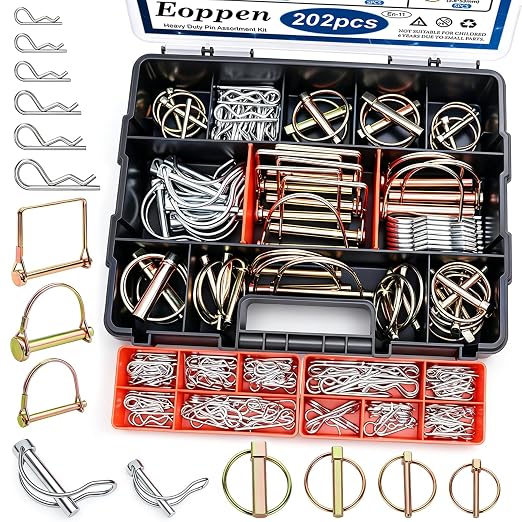 202Pcs Hitch Pins Clip Pins Linch Pins PTO Pins and Shaft Locking Pins Assortment Kit 5 Styles Tractor Pins Fasteners for Trailers, Tractors, Trucks, Lawn Mower