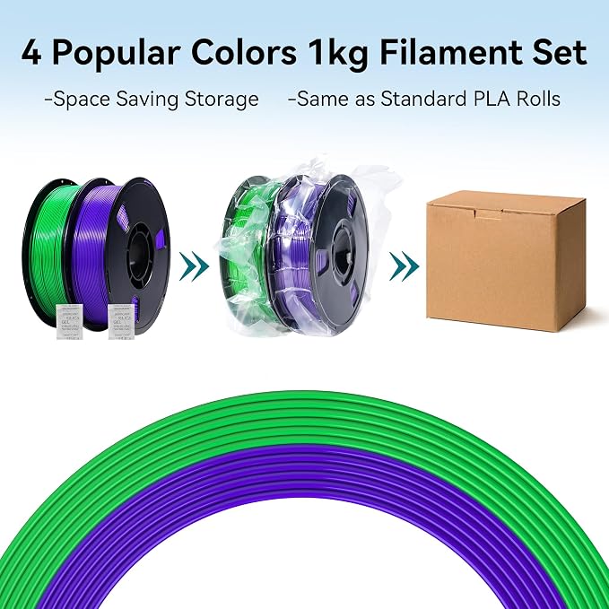 Dynta PLA 3D Printer Filament Green & Purple 2-Pack, 1kg per Spool, 1.75mm ±0.02mm, Compatible with Bambu Lab, Flashforge and Creality, Suitable for Beginners and Craft Enthusiasts