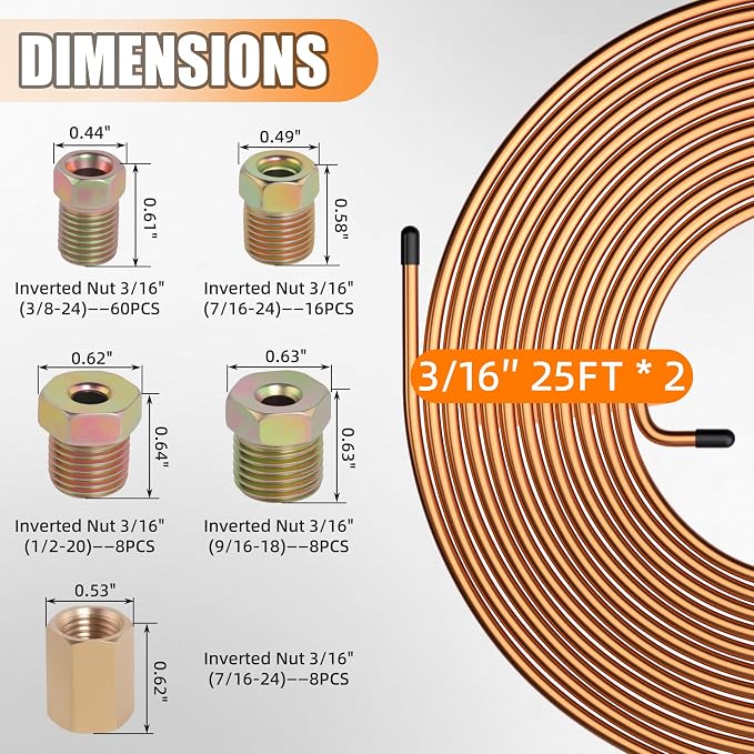 3/16" Brake Line Repair Kit, Double & Single Brake Line Flaring Tool Kit + 2 Set 25ft 3/16 Inch Brake Line with 100 Pcs Fittings(8 Unions Included) + Brake Line Bender