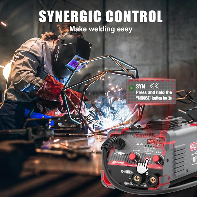 AWT 140Amp MIG Welder Flux Core MIG Welder/Stick/Lift TIG 3 in 1 Welding Machine, Welder Machine 110V-Synergy IGBT Inverter, Portable Gasless Welder Equipment with Welding Helmet