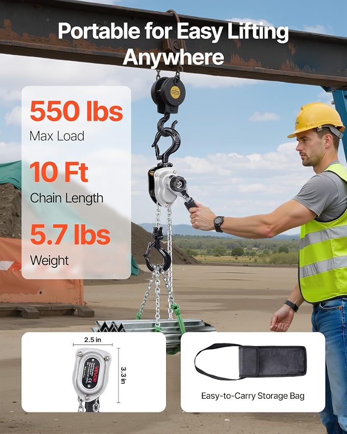 VEVOR Manual Lever Chain Hoist, 1/4T 550LBS Capacity Heavy Duty Come Along, 10FT Lift G80 Alloy Steel Chain with Dual Pawl Mechanical Brake,360°Rotating Hooks, for Warehouse Construction Garage