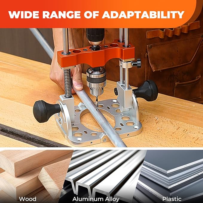 SpeTool S04001 Portable Drill Guide with Liner Ball Bearings Guide Poles, 1/2” Chuck Portable Drill Press Adapter for Hand Drill Adjustable from 0-60°, Multi Angle Drill Guide for Straight Holes