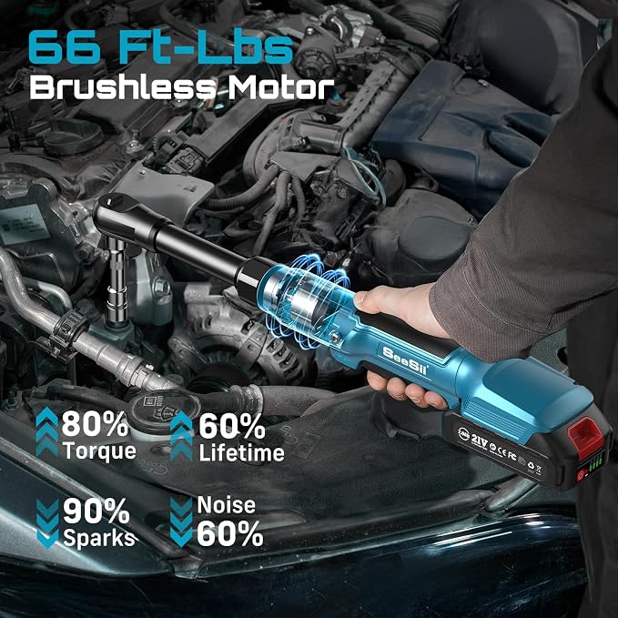 Extended Cordless Electric Ratchet Wrench: 66 Ft-lbs Power Ratchet Wrench 3/8", Brushless Motor, Variable Speed Trigger, 2 Pack 21V Batteries & Charger, 8 Sockets, 1/4"& 1/2" Adapter, 3" Extension Bar