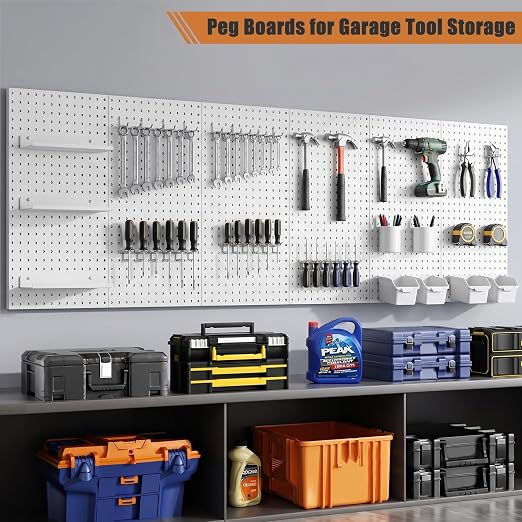 PBHEPJ 6 Pcs Metal Pegboard Panels, Heavy Duty Peg Boards for Garage and Garden Tool Storage, Includes Drywall Anchors and Screws Kits, White