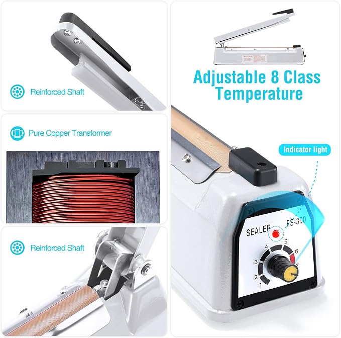 METRONIC Impulse Sealer 12 Inch, Heat Sealer Machine with Repair Kit, Manual Bag Sealer, Heavy Duty Impulse Heat Sealer for Plastic Bags, Shrink Wrap Bags (White)