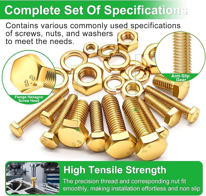 Twidec/1505PCS Metric Bolt Assortment M4/M5/M6/M8 Length from 12-40mm Grade 8.8 Hex Head Nuts and Bolts Assortment Kit,Heavy Duty Bolts and Nuts Kit, Flat & Spring Lock Washer Gold Zinc Plating