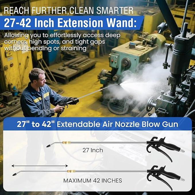 High Pressure Air Blow Gun, Extension Long Air Nozzle Blower Wand Fit 1/4" NPT Inlet & Lever Grip, Heavy Duty Industrial Blow Gun Pneumatic Tool for Radiator Compressor Attachment(1 Pc,27-42 Inch)