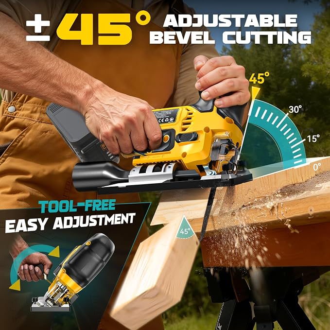 Ecarke Cordless Jig Saw Compatible With Dewalt 20V, Brushless Motor 3800RPM, 7 Speeds Dial Control, Free-Tool ±45° Bevel Cuts, 4 Orbital Action, Dust Blows and 6 Blades For Cutting, Tool Only