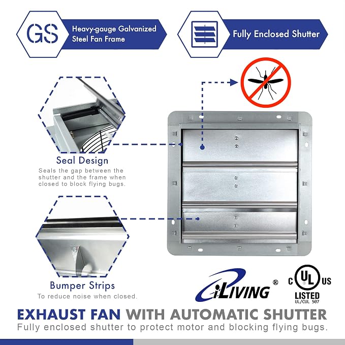 iLiving 12" Shutter Exhaust Fan with Wireless Smart Remote Controlled Thermostat and Humidity, Variable Speed Wall Mounted Attic Vent Fan, Chicken Coop Ventilation, 960 CFM, 1400 SQF Coverage Area