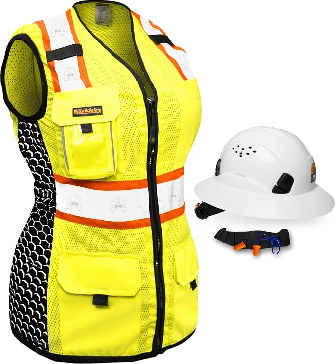 KwikSafety QUEEN BEE Safety Vest for Women [Yellow, Small] + TORTOISE Full Brim Hard Hat Bundle