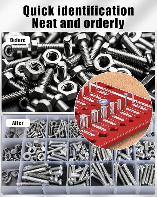 Magnetic Base 62 Nut and Bolt Thread Checker with 25 Standard & 25 Metric Sizes & 12-Hole Drill Bit Gauge, Bolt Size and Nut Size Identifier Gauge