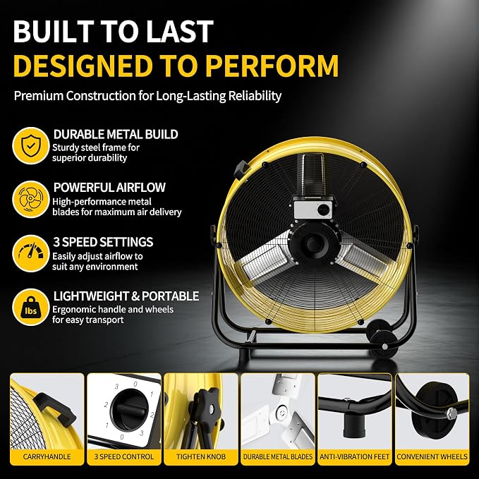 Uthfy 24 Inch High Velocity Industrial Fan, 8800CFM Heavy Duty Shop Fan,3 Wind Speeds, 360° Tilt Metal Outdoor Fan with Wheels for Patios, Warehouse, Workshop, Factory and Gym