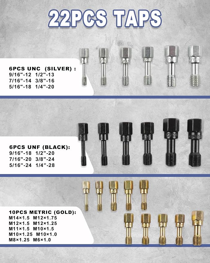 51PCS Thread Restorer Tool, Thread Repair Tool Kit, Thread Files | 22 Taps 24 Dies 3 Thread Files 2 Thread Gauges，Master Thread Rethreading Kit UNC UNF & Metric Thread Chaser Set