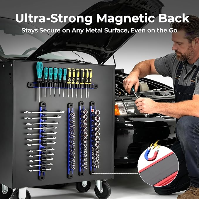 Reniteco 6-Piece Magnetic Socket Organizer and Magnetic Screwdriver Organizer Set, 1/4" 3/8" 1/2" Drive Aluminum Rail & 3-Piece Wrench Screwdriver Holder, Interchangeable Clips, Sockets Not Included