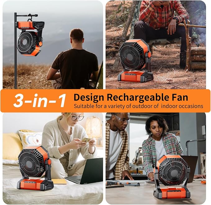 Doublepow 20000mAh Camping Fan with LED Light, Rechargeable Portable Table Fan, Upgrade Knob Adjustment 8 Speed with Remoter, Hook, Timer, Tent Fans for Fishing, Hurricane, Power Outage Essentials