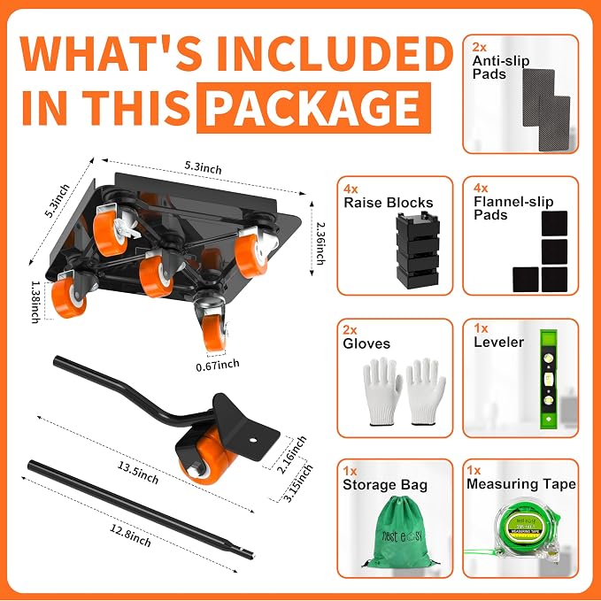Heavy Duty Furniture Dolly 360° Rotating 5 Orange Wheels, Alloy Steel Furniture Movers Up to 3000 lbs/1360 Kg Load Capacity with Measure Tape and Leveler (5.3x5.3 in)