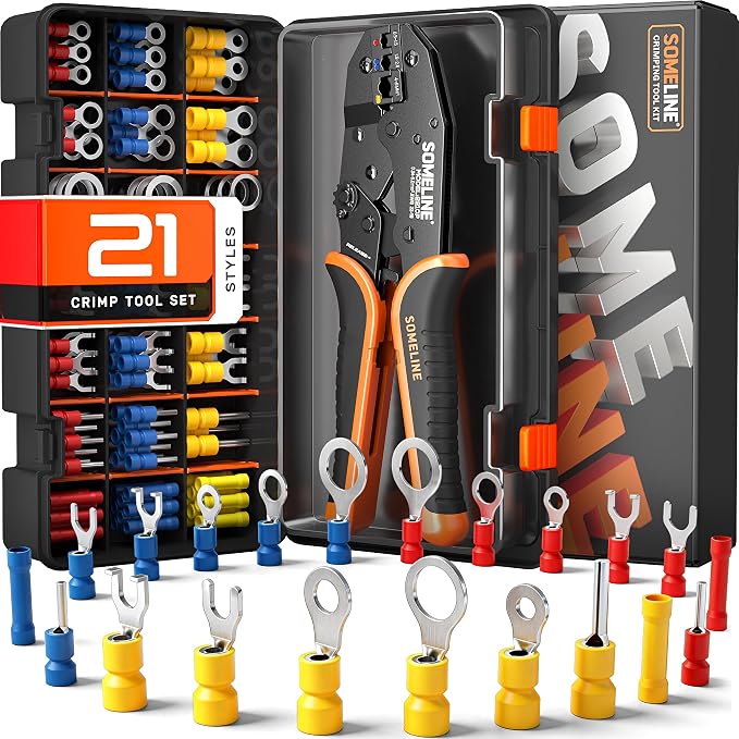 SOMELINE Wire Connectors Kit with Crimping Tool, 21 Types (UL Listed) Premium Insulated Electrical Terminals Assortment, 22-10 AWG Ratchet Wire Crimper - Ring, Fork, Butt, Pin Connectors (147 Pcs)