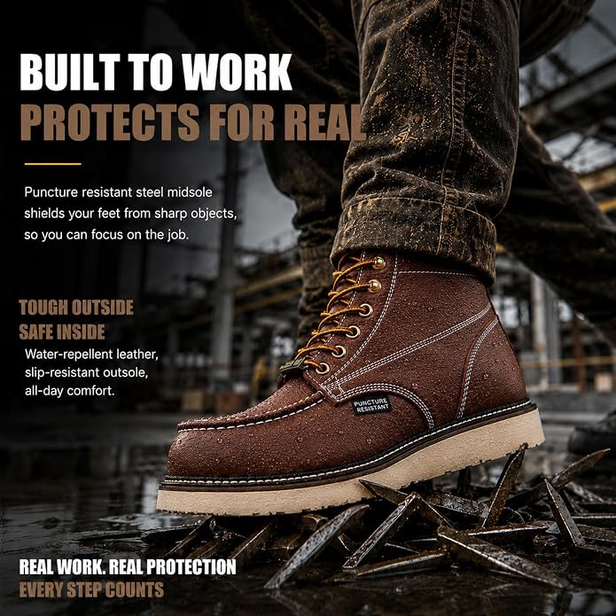 Work Boots for Men, 6" Leather Lightweight Comfort Moc Toe Steel Toe Puncture Resistant Wedge Safety Boots, Goodyear Welt, Industrial, Construction, Electrician, US 7-17