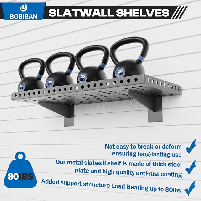 2 Pack Slatwall Shelves, Heavy Duty Grey Metal Slat Wall Shelf for Retail, Garage, Home Storage, 80 lbs Load Capacity, Universal Slatwall Accessories(10 x 24 Inch-2, Grey)