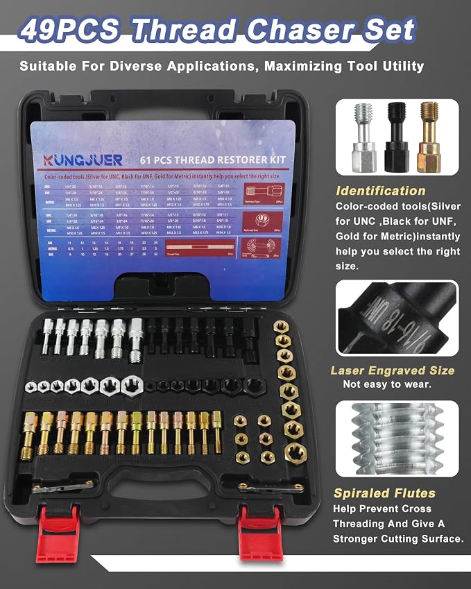 61PCS Master Thread Rethreading Kit,UNC UNF Metric Thread Chaser | Thread Restorer Tool with Thread Pitch Gauge, Designed to Repair or Reshape Damaged Threads on Bolts, Screws, or Nuts