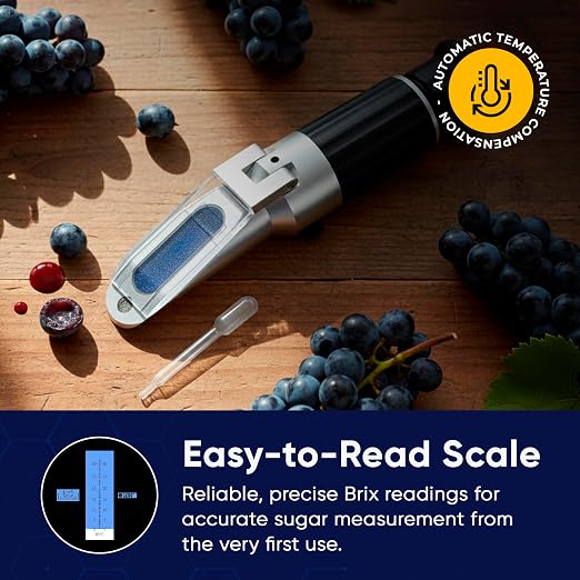 0–32% Brix Handheld Analog Refractometer with ATC, Durable All Metal Brix Meter for Sugar Content, Juice and Syrup Testing, Fruit Vegetable Samples and Measurement