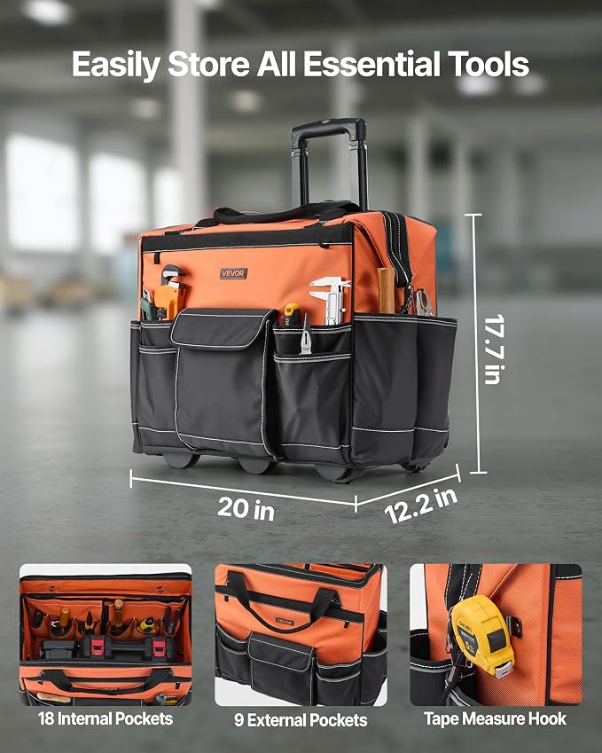 VEVOR 20" Rolling Tool Bag, 110 lbs Load Capacity, 27 Pockets Heavy Duty Roller Tool Bag on Wheels, Adjustable Telescoping Handle & Stable Base, Toolbag Organizers w/Wheels for Construction, Mechanic