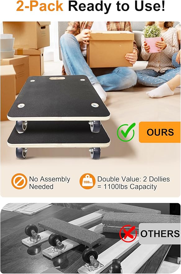 1100LB Heavy Duty Rectangle Moving Dolly Cart - 2-Pack with 3" TPR Wheels | Non-Slip 11-Layer Plywood Platform, No Assembly Needed - for Furniture, Warehouse, Home & Commercial Use