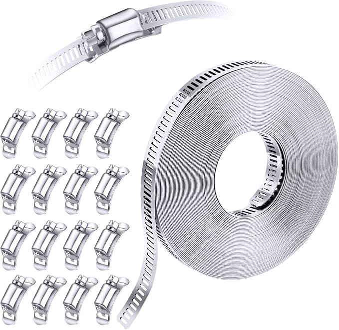 304 Stainless Steel Hose Clamp Assortment Kit DIY, Cut-To-Fit 35 FT Metal Strap+16 Stronger Fasteners, Large Adjustable Worm Gear Hose Clamps Screw Clamps Duct Pipe Metal Clamp Strapping