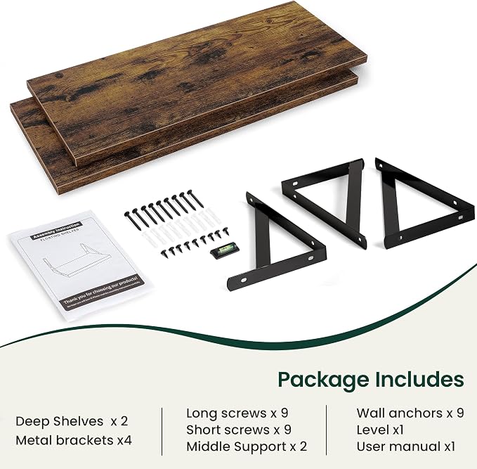 Floating Shelves 12 Inch Deep, 36W x 12D Wall Shelf Set of 2, 60 lbs Heavy Duty Reversible Metal Brackets, Industrial Book Shelf for Living Room Kitchen Bath Bedroom Coffee Bar, Rustic Brown
