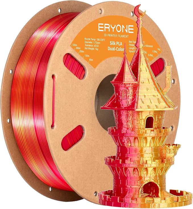 ERYONE Silk Dual Color PLA Filament 3D Printer 1.75mm +/- 0.03mm, Bicolor Filament Two Tone PLA 1KG(2.2lbs) Cardboard Spool, Red Gold