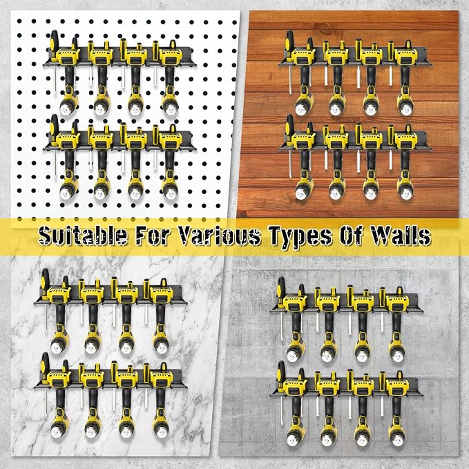 2 Pack Drill Holder Wall Mount, Power Tool Organizer, 4 Cordless Metal Drill Racks with Screwdriver Hole, Heavy Duty Garage Tool Organizer Storage Rack for Workshop Tool Room Basement