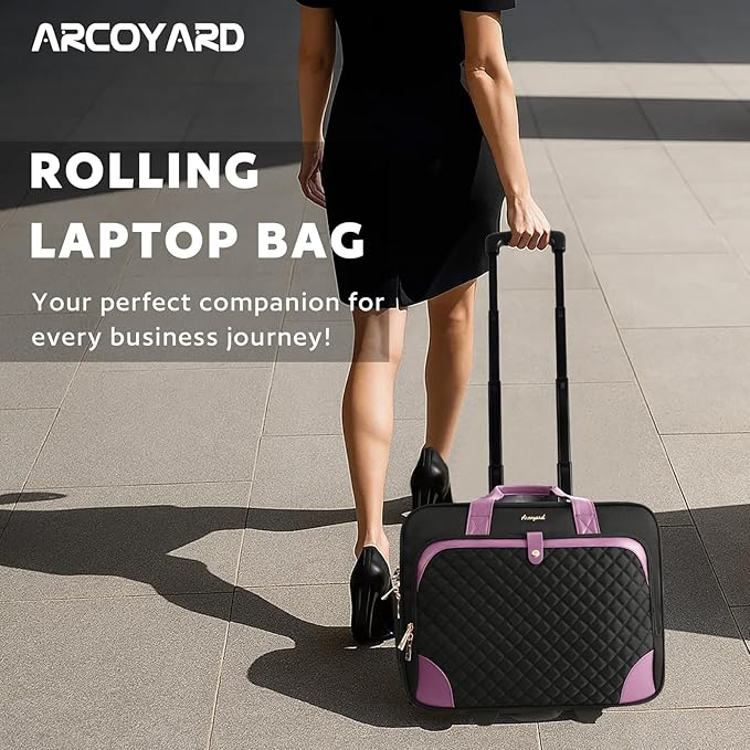 Arcoyard Rolling Laptop Bag, Rolling Briefcase for Women with Waterproof Pocket, 16 Inch Computer Bag, Underseat Carry On Luggage with Wheels for Work Travel Business, Lightweight Black Purple