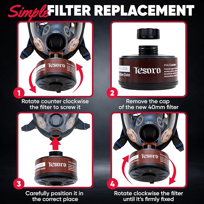 Full Face Respirator - Heavy-Duty Anti-Fog Air Filtration Mask Compatible with Industry Standard 40mm Gas Filter Canister for Vapor & Particulates - CE Tested