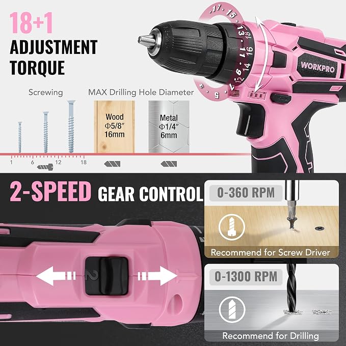 WORKPRO Pink Tool Set with Power Drill, 108PCS Portable Ladies Pink Drill Kit for Home with Toolbox and Hammer, 1.5 Ah Cordless Drills with Keyless Chuck and Variable Speed Trigger