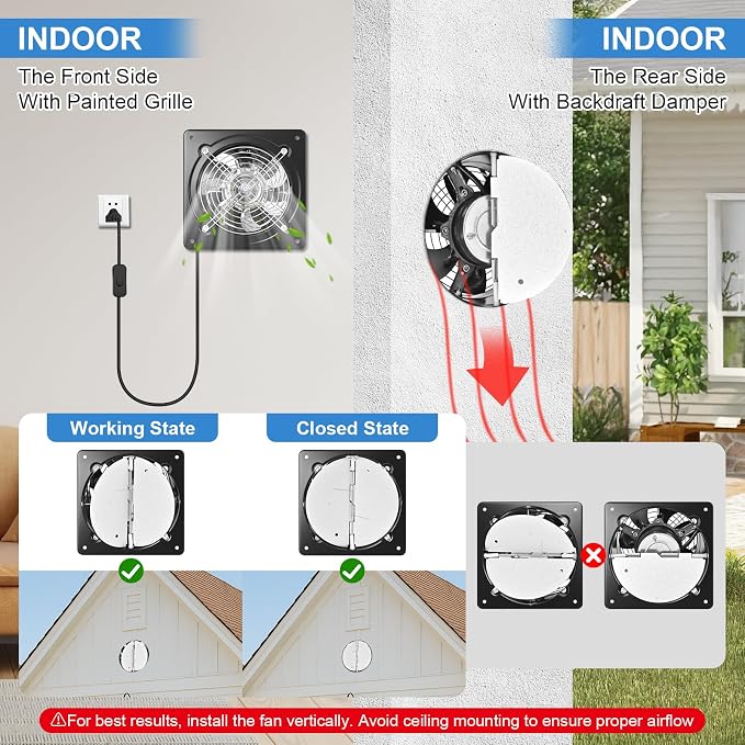 10-inch wall-mounted kitchen metal exhaust fan with switch, 382-576CFM, portable installation, with return air valve, suitable for attic, garage, bathroom, office, basement ventilation,Black