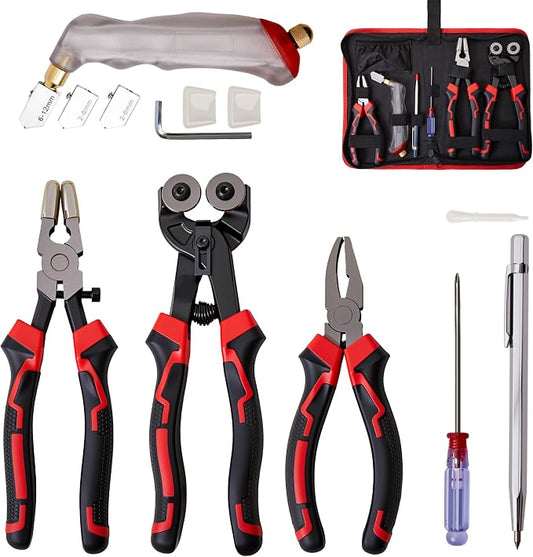 Glass Cutting Kit,8"Tile Nippers,8"Glass Running Pliers with Curved Jaws,6"Breaker Grozer Pliers,Glass Cutters Tools for 2-20MM Glass,Mosaic,Mirror