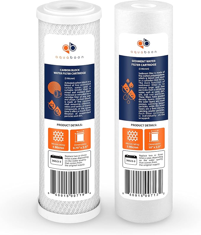 Aquaboon 5 Micron 10 x 2.5 House Water Filters Cartridges, Set of 2 Sediment & Carbon Filter Replacements Compatible with WHKF-WHWC, P5, WHKF-GD05
