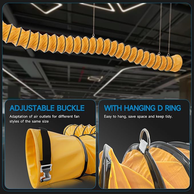 Hon&Guan PVC Flexible Duct for Utility Blower Exhaust Fan Support 10 Inch 25 FT with Adjustable Rope & D-Rings