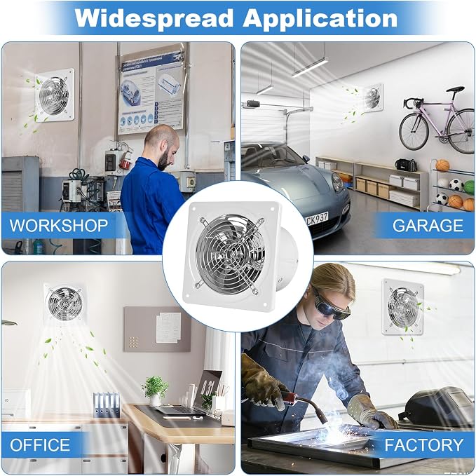 10-inch wall-mounted kitchen metal exhaust fan with switch, 382-576CFM, portable installation, with return air valve, suitable for attic, garage, bathroom, office, basement ventilation, White