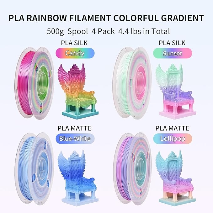 RAMBERY 3D Printer Filament Bundle 500g x 4 Spools, Silk & Matte Rainbow PLA Filament, Multicolore Fast Color Change 1.75 mm 3D Printing Filament