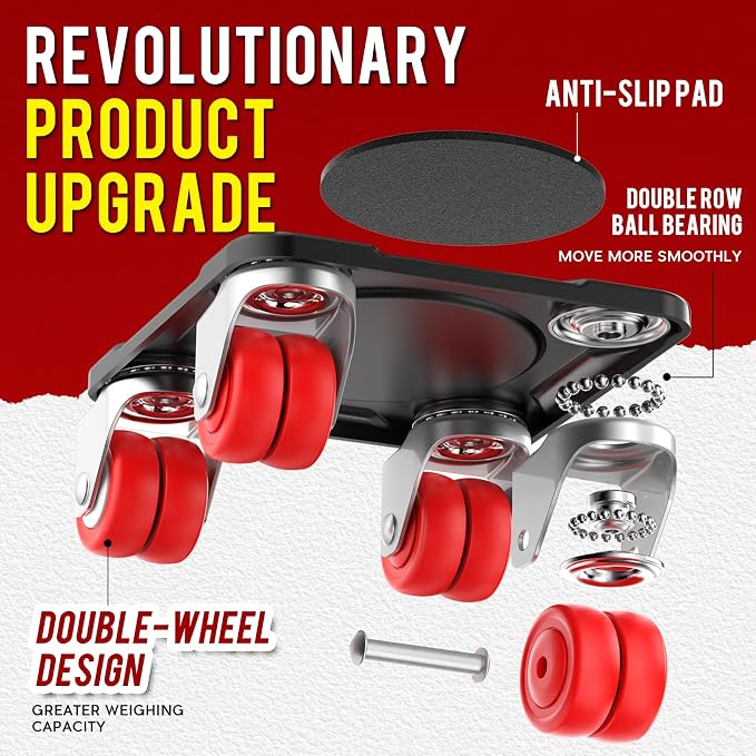 Furniture Movers with 8 Wheels – Upgraded Dual Wheel Design, Carbon Steel Panel Heavy Duty Dolly with Lifter, Max Load 2200 LBS, More Stable & Smoother Moves