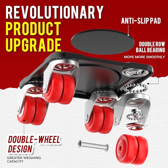 Heavy Duty Furniture Movers with 8 Wheels – Double-Wheel Design Carbon Steel Panel Furniture Dolly Set with Lifter, 360° Rotating Casters for Easy Moving, Max Load 3306 LBS