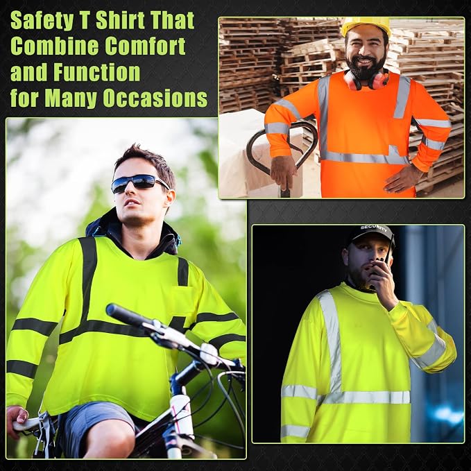 Macarrie 6 Pcs Class 3 Reflective Safety High Visibility Shirt Long Sleeve with Packet Breathable