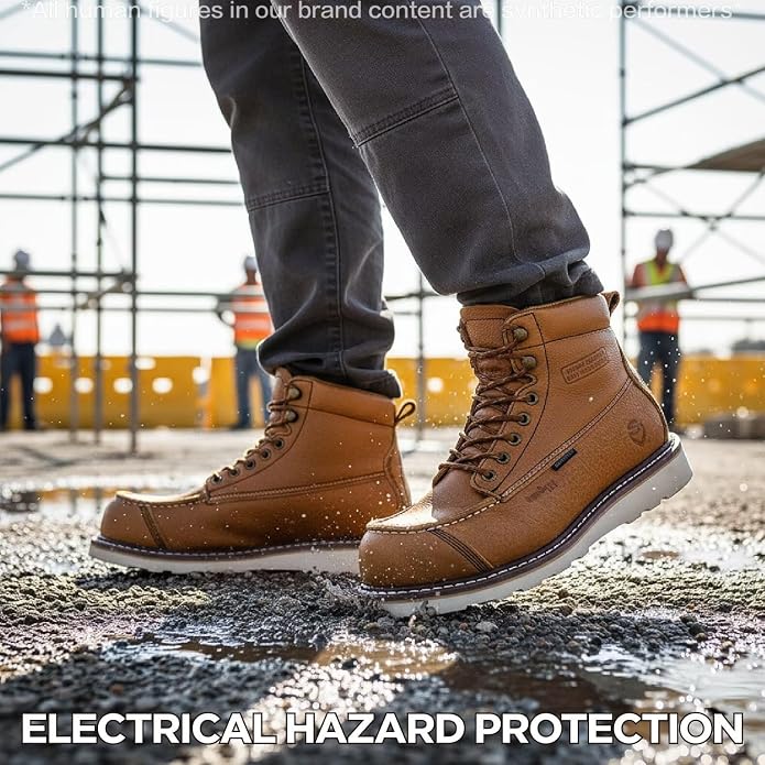 SUREWAY Mens 6" Heavy Duty Waterproof Work Boots - Composite Toe, EH Construction Industrial Safety Leather Boots, Lace Up Moc Toe, Oil/Slip Resistant Comfortable Outsole
