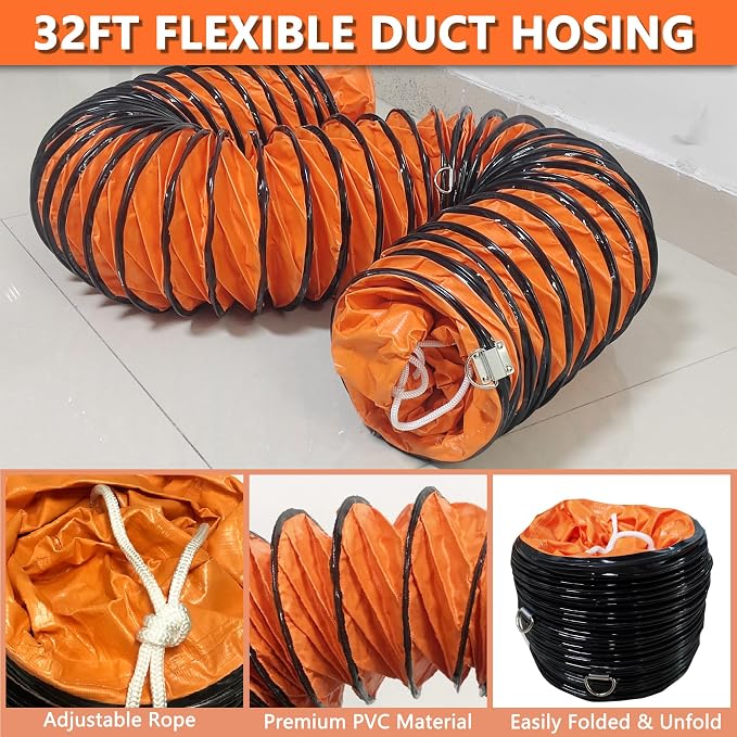 32FT Ducting Hose 12 Inch PVC Flexible Duct Hosing with Adjustable Rope for Utility Blower Exhaust Fan