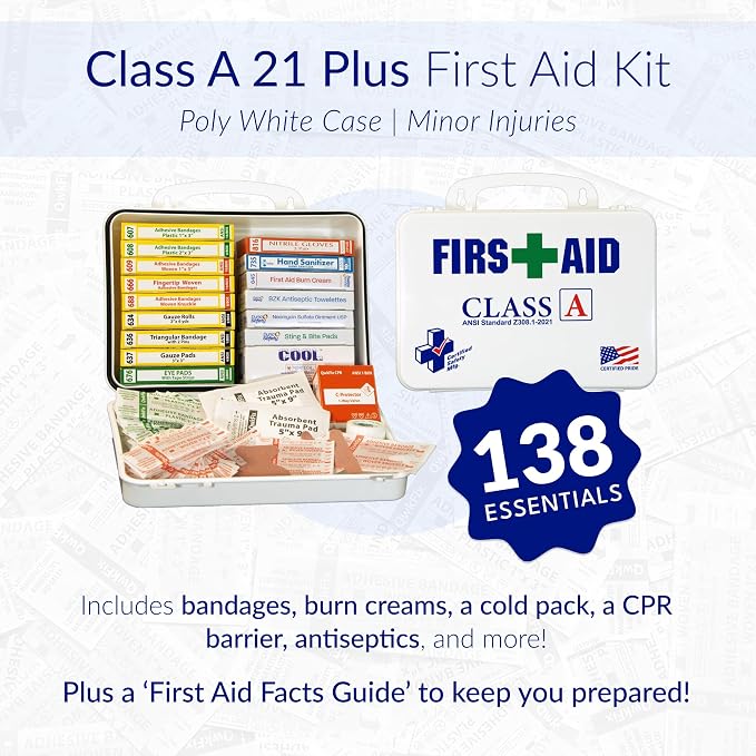 Certified Safety Mfg Class A 21 Plus - 138pc USA-Made ANSI & OSHA Compliant First Aid Kit - Emergency Medical Supplies for Minor Injuries - First Aid Kits for Businesses, Homes, & More