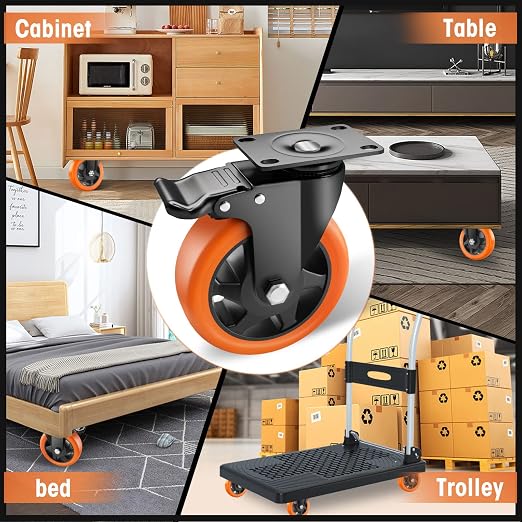 Casters, 5" Caster Wheels，Casters Set of 8 Heavy Duty - ASRINIEY Orange Polyurethane Castors, Top Plate Swivel Wheels, 8-Pack Industrial Casters with Brake, Locking Casters for Furniture and Workbench
